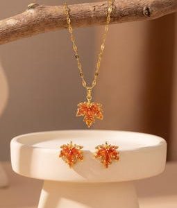 Maple Leaf Jewelry Set, 18K Gold Filled Necklace and Earrings Set, Orange Crystal Leaf Set, Nature Inspired Jewelry Gift for Her