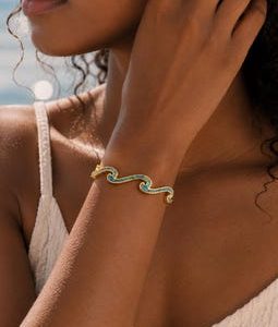 Opal Wave Open Cuff Bangle, Personalized Engraved Ocean Wave Bracelet, Blue Synthetic Opal Cuff, Minimalist Sea Jewelry, Beach Gift for Her